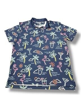 Chubbies Polo Shirt Navy Blue Flamingo Neon Lights Tropical Party Men’s Size M